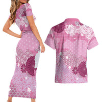 Pink Palaka Japanese Patterns Couples Matching Short Sleeve Bodycon Dress and Hawaiian Shirt Asanoha Seigaiha Sakura Motif LT14 - Polynesian Pride
