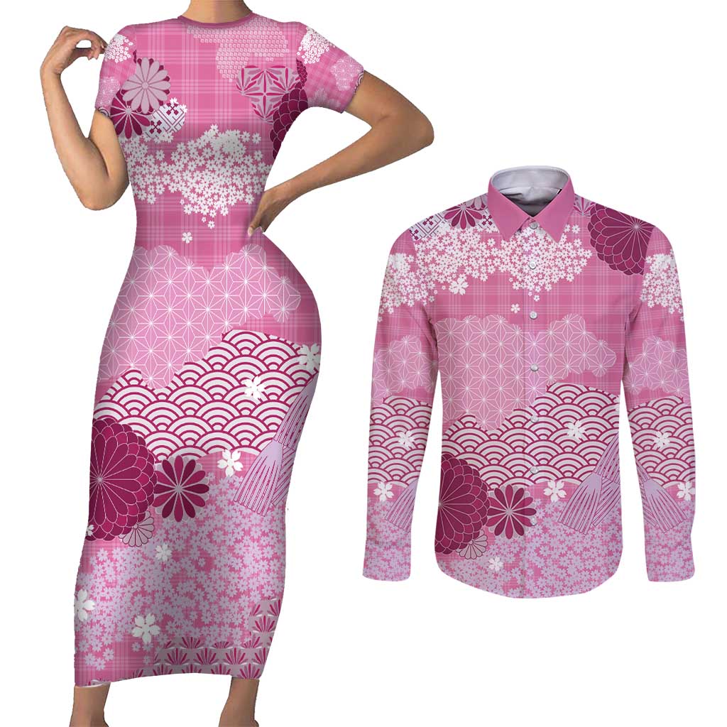 Pink Palaka Japanese Patterns Couples Matching Short Sleeve Bodycon Dress and Long Sleeve Button Shirt Asanoha Seigaiha Sakura Motif LT14 Pink - Polynesian Pride