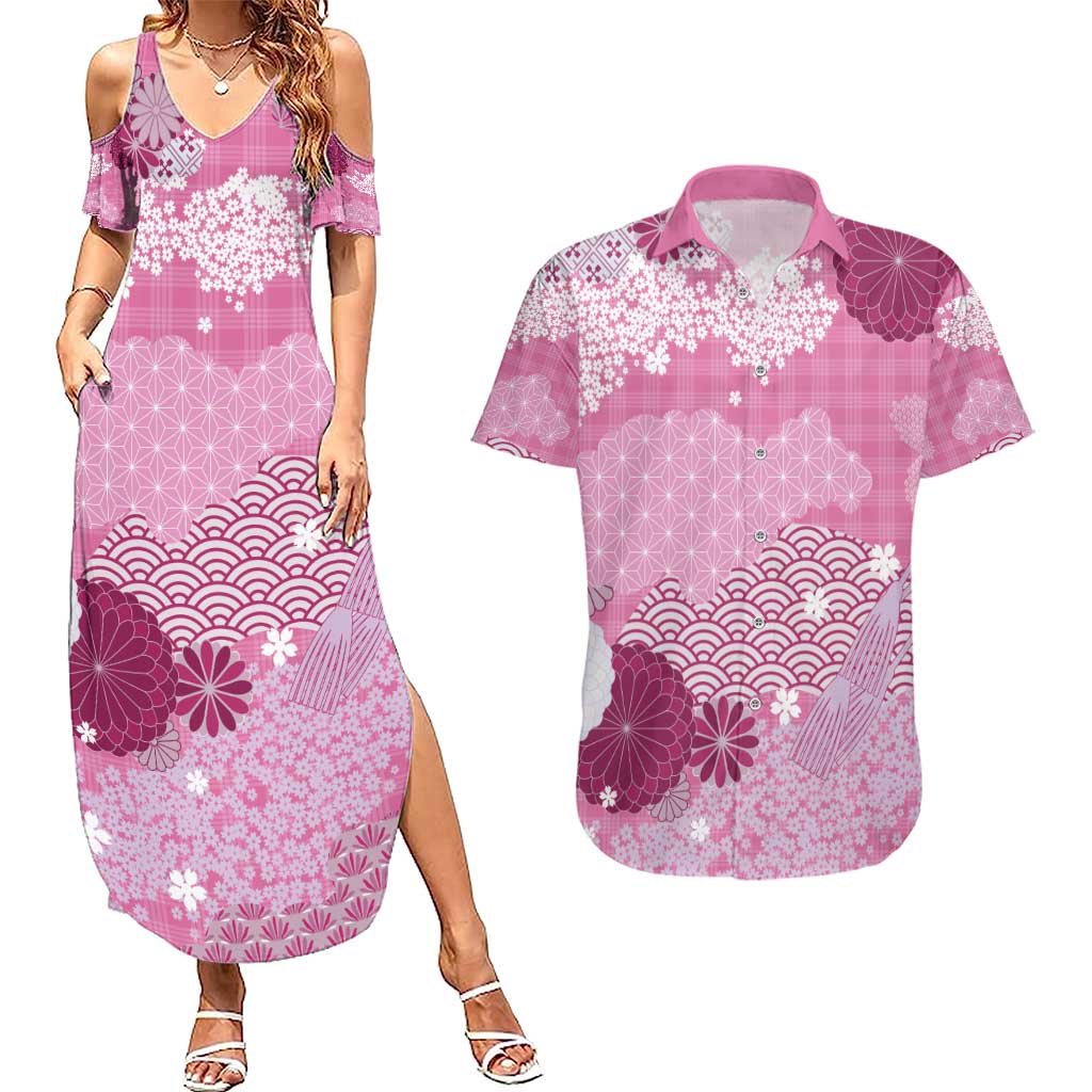 Pink Palaka Japanese Patterns Couples Matching Summer Maxi Dress and Hawaiian Shirt Asanoha Seigaiha Sakura Motif LT14 Pink - Polynesian Pride