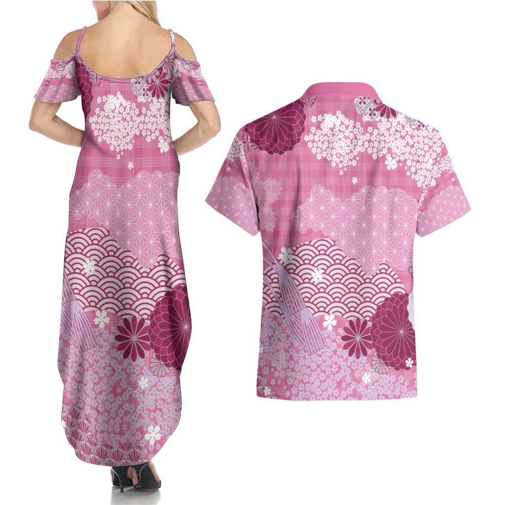 Pink Palaka Japanese Patterns Couples Matching Summer Maxi Dress and Hawaiian Shirt Asanoha Seigaiha Sakura Motif LT14 - Polynesian Pride