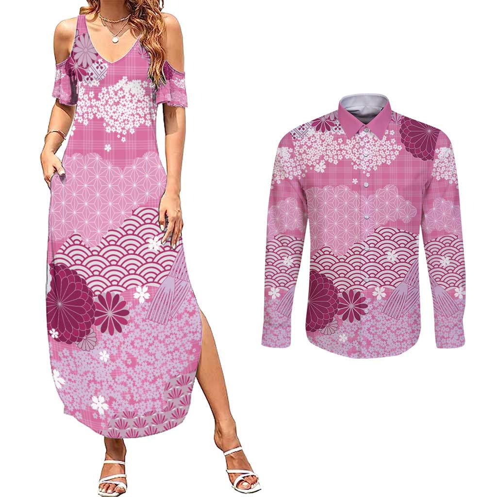 Pink Palaka Japanese Patterns Couples Matching Summer Maxi Dress and Long Sleeve Button Shirt Asanoha Seigaiha Sakura Motif LT14 Pink - Polynesian Pride