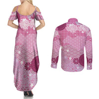 Pink Palaka Japanese Patterns Couples Matching Summer Maxi Dress and Long Sleeve Button Shirt Asanoha Seigaiha Sakura Motif LT14 - Polynesian Pride