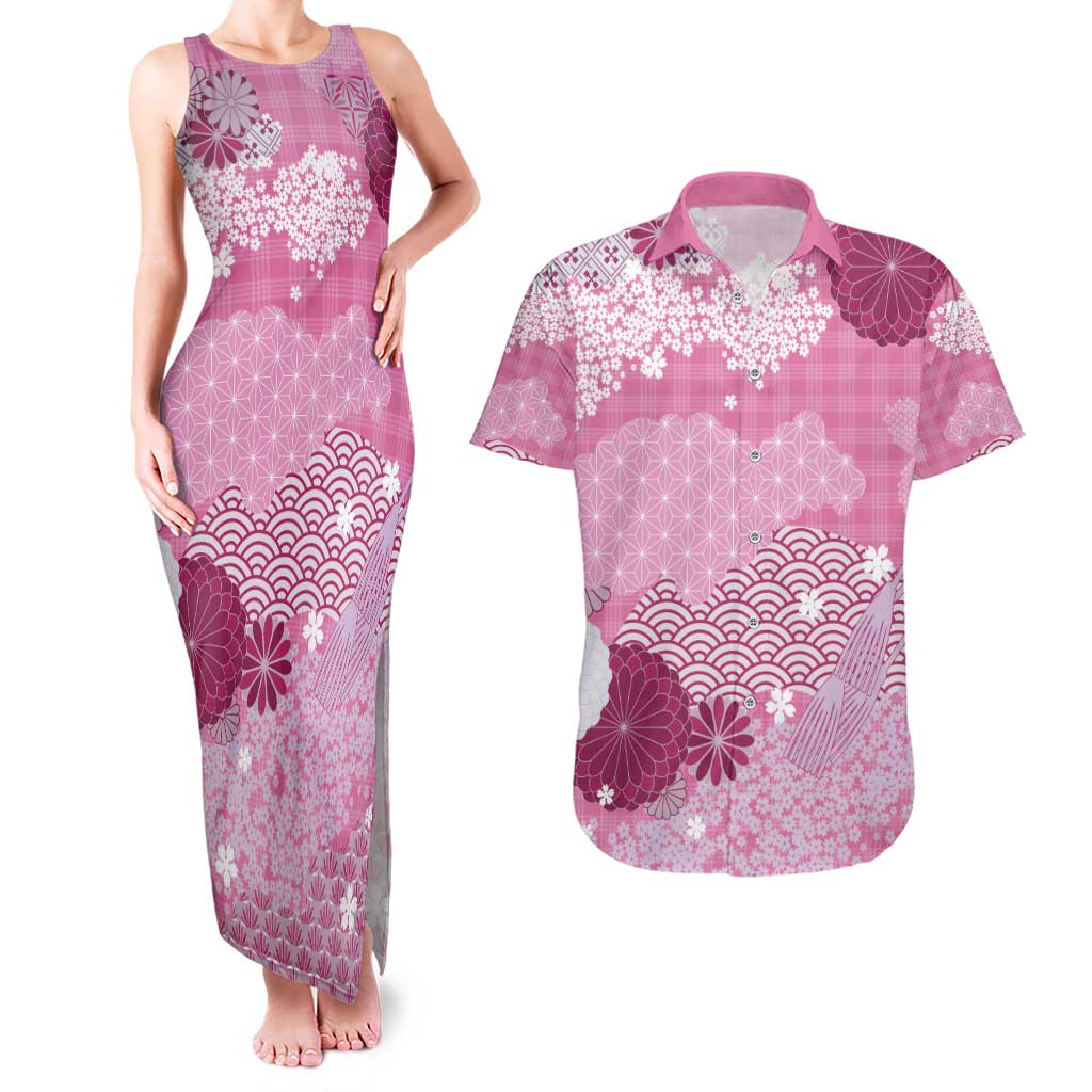 Pink Palaka Japanese Patterns Couples Matching Tank Maxi Dress and Hawaiian Shirt Asanoha Seigaiha Sakura Motif LT14 Pink - Polynesian Pride