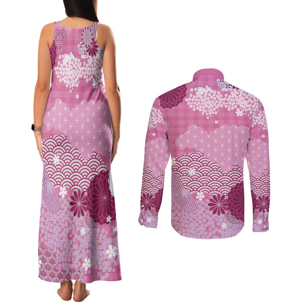 Pink Palaka Japanese Patterns Couples Matching Tank Maxi Dress and Long Sleeve Button Shirt Asanoha Seigaiha Sakura Motif LT14 - Polynesian Pride
