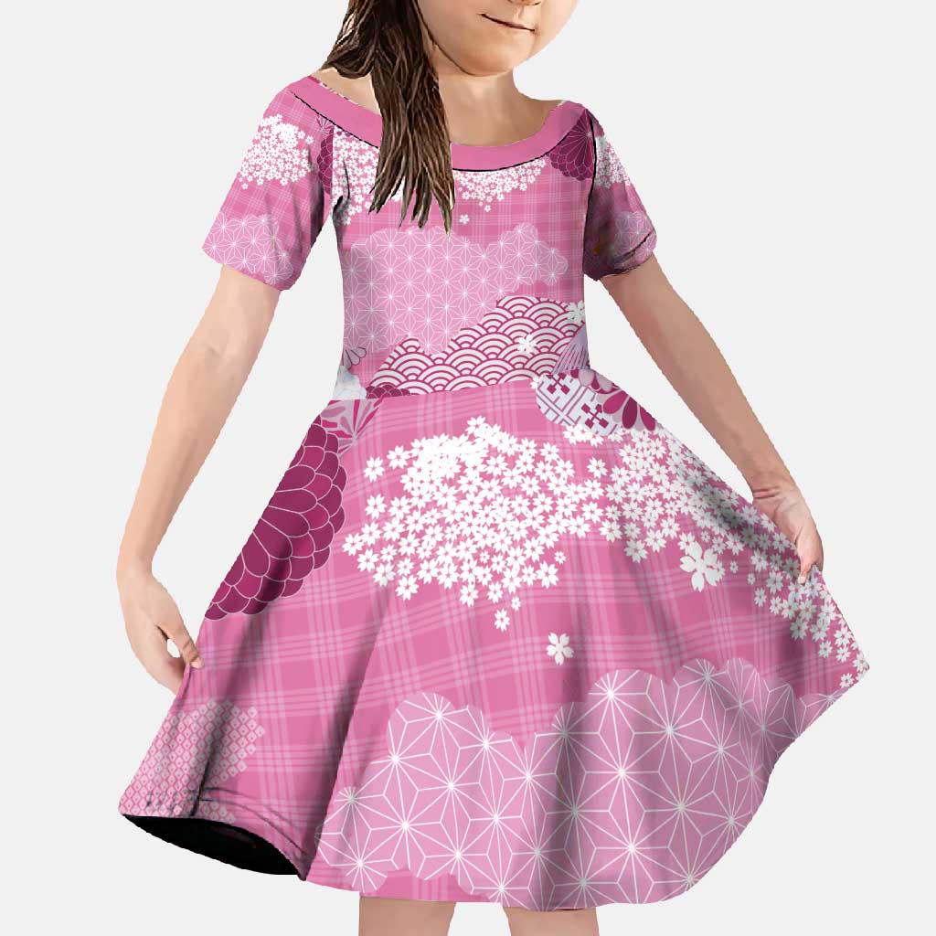 Pink Palaka Japanese Patterns Family Matching Long Sleeve Bodycon Dress and Hawaiian Shirt Asanoha Seigaiha Sakura Motif LT14 Daughter's Dress Pink - Polynesian Pride