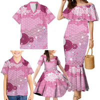 Pink Palaka Japanese Patterns Family Matching Mermaid Dress and Hawaiian Shirt Asanoha Seigaiha Sakura Motif LT14 - Polynesian Pride