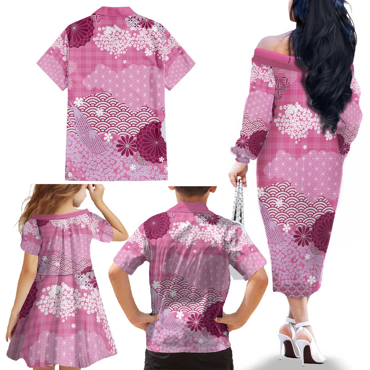 Pink Palaka Japanese Patterns Family Matching Off The Shoulder Long Sleeve Dress and Hawaiian Shirt Asanoha Seigaiha Sakura Motif LT14 - Polynesian Pride