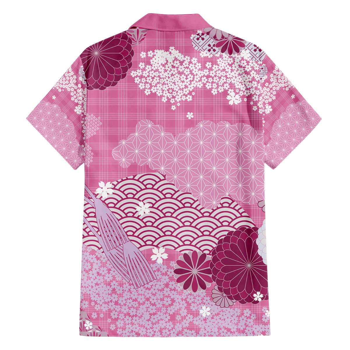 Pink Palaka Japanese Patterns Family Matching Off The Shoulder Long Sleeve Dress and Hawaiian Shirt Asanoha Seigaiha Sakura Motif LT14 - Polynesian Pride
