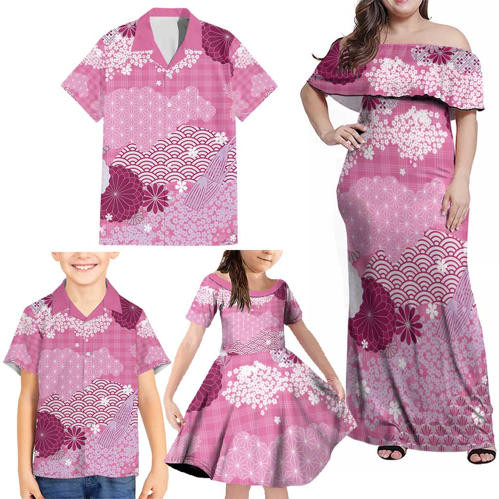 Pink Palaka Japanese Patterns Family Matching Off Shoulder Maxi Dress and Hawaiian Shirt Asanoha Seigaiha Sakura Motif LT14 - Polynesian Pride