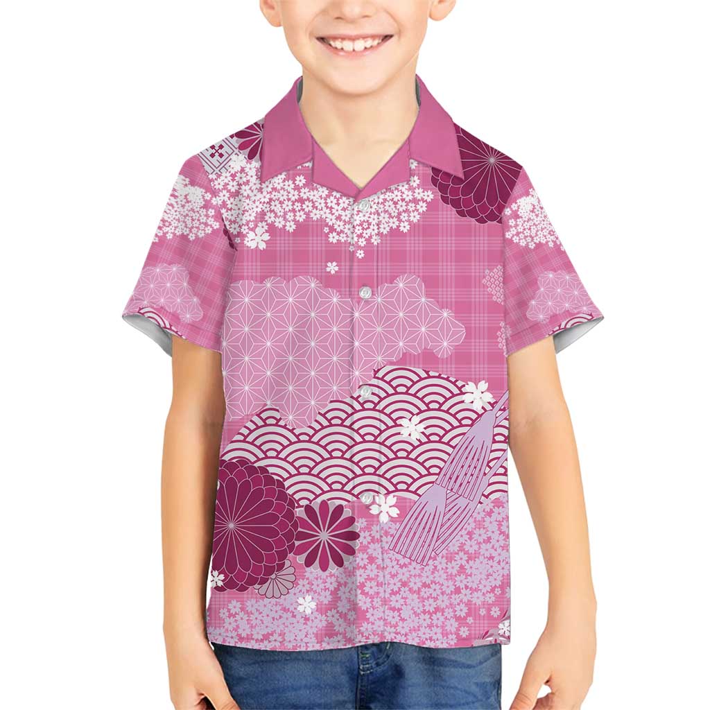 Pink Palaka Japanese Patterns Family Matching Off Shoulder Maxi Dress and Hawaiian Shirt Asanoha Seigaiha Sakura Motif LT14 Son's Shirt Pink - Polynesian Pride
