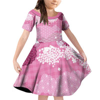 Pink Palaka Japanese Patterns Family Matching Off Shoulder Short Dress and Hawaiian Shirt Asanoha Seigaiha Sakura Motif LT14 Daughter's Dress Pink - Polynesian Pride