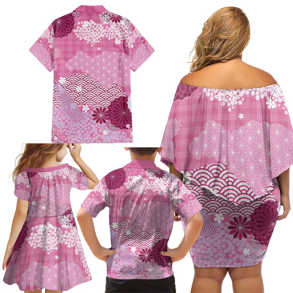 Pink Palaka Japanese Patterns Family Matching Off Shoulder Short Dress and Hawaiian Shirt Asanoha Seigaiha Sakura Motif LT14 - Polynesian Pride