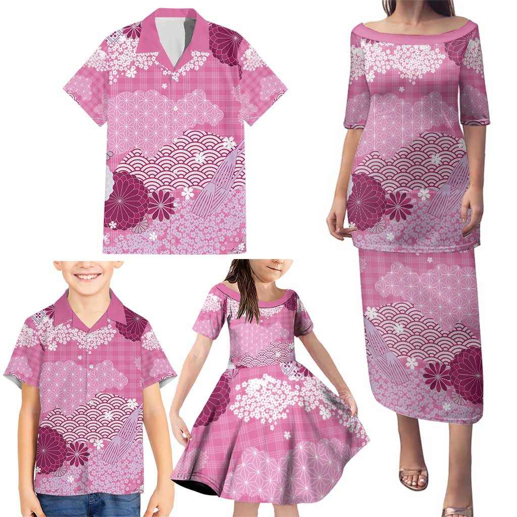 Pink Palaka Japanese Patterns Family Matching Puletasi and Hawaiian Shirt Asanoha Seigaiha Sakura Motif LT14 - Polynesian Pride