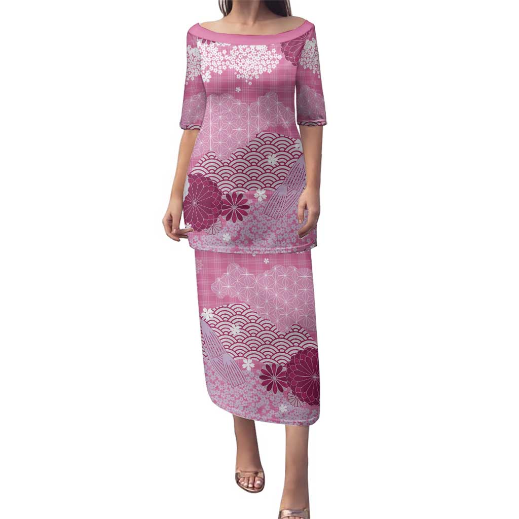 Pink Palaka Japanese Patterns Family Matching Puletasi and Hawaiian Shirt Asanoha Seigaiha Sakura Motif LT14 Mom's Dress Pink - Polynesian Pride