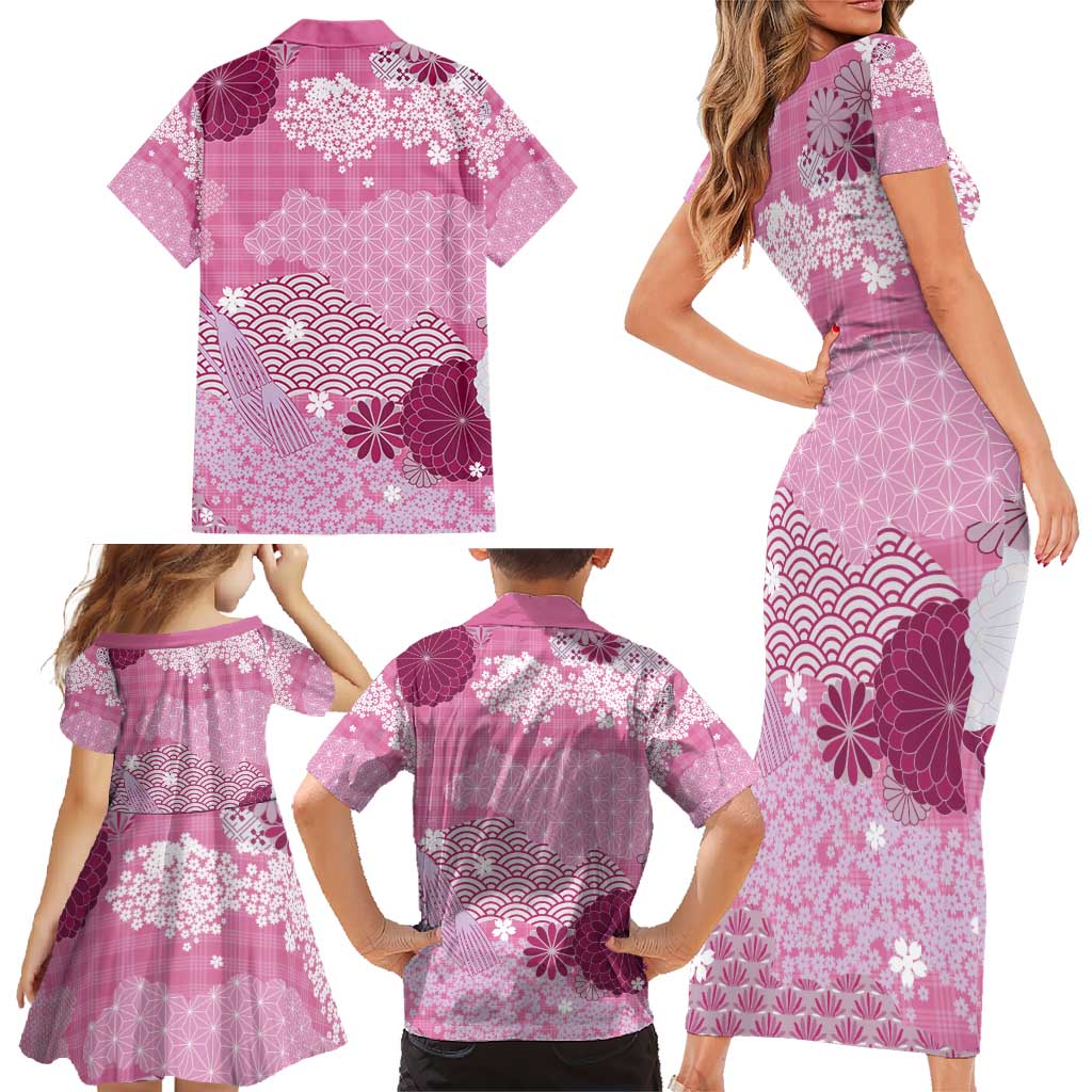 Pink Palaka Japanese Patterns Family Matching Short Sleeve Bodycon Dress and Hawaiian Shirt Asanoha Seigaiha Sakura Motif LT14 - Polynesian Pride