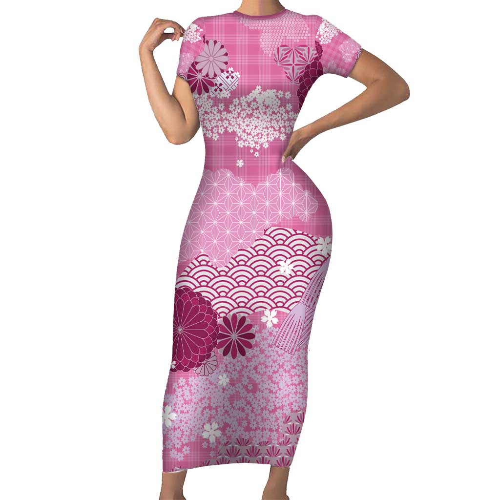 Pink Palaka Japanese Patterns Family Matching Short Sleeve Bodycon Dress and Hawaiian Shirt Asanoha Seigaiha Sakura Motif LT14 Mom's Dress Pink - Polynesian Pride