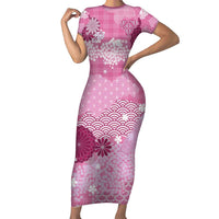 Pink Palaka Japanese Patterns Family Matching Short Sleeve Bodycon Dress and Hawaiian Shirt Asanoha Seigaiha Sakura Motif LT14 Mom's Dress Pink - Polynesian Pride
