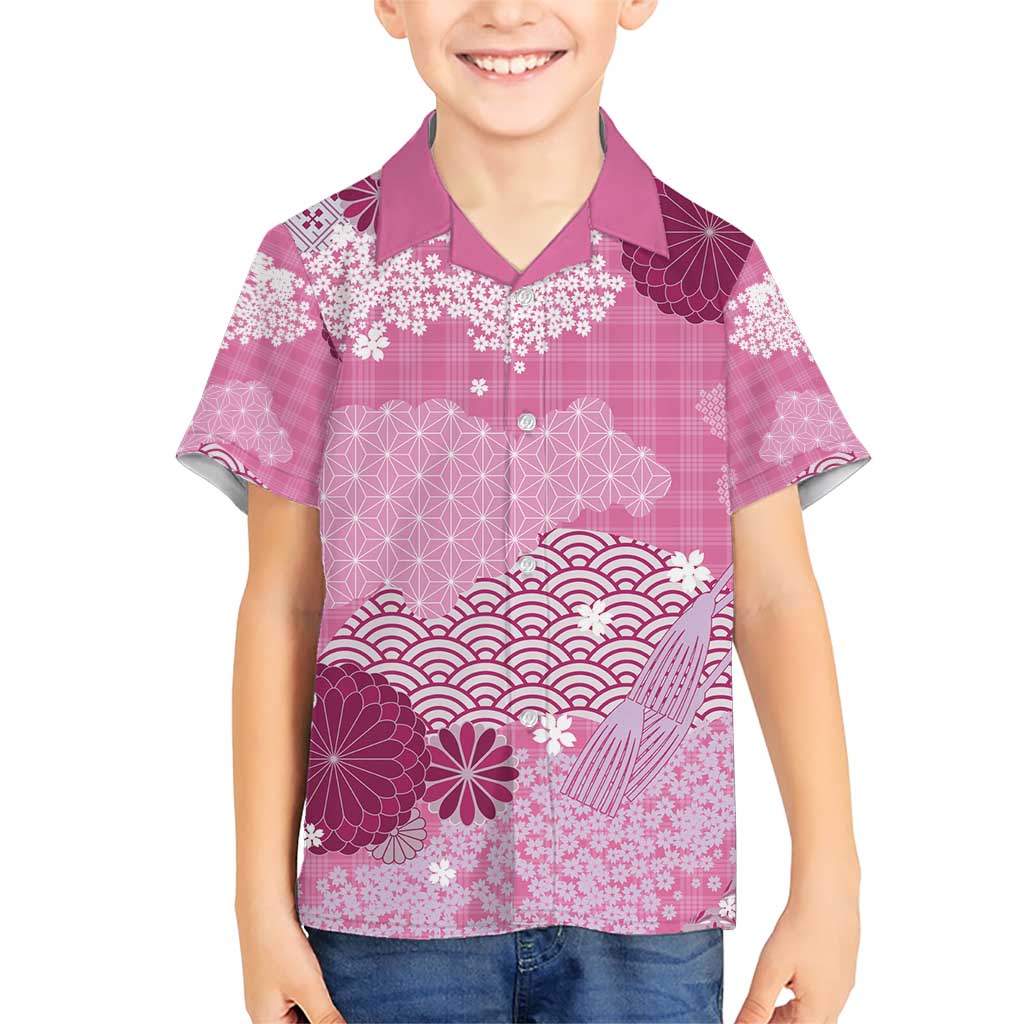 Pink Palaka Japanese Patterns Family Matching Short Sleeve Bodycon Dress and Hawaiian Shirt Asanoha Seigaiha Sakura Motif LT14 Son's Shirt Pink - Polynesian Pride
