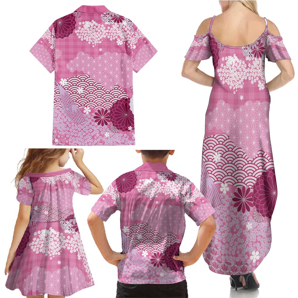 Pink Palaka Japanese Patterns Family Matching Summer Maxi Dress and Hawaiian Shirt Asanoha Seigaiha Sakura Motif LT14 - Polynesian Pride