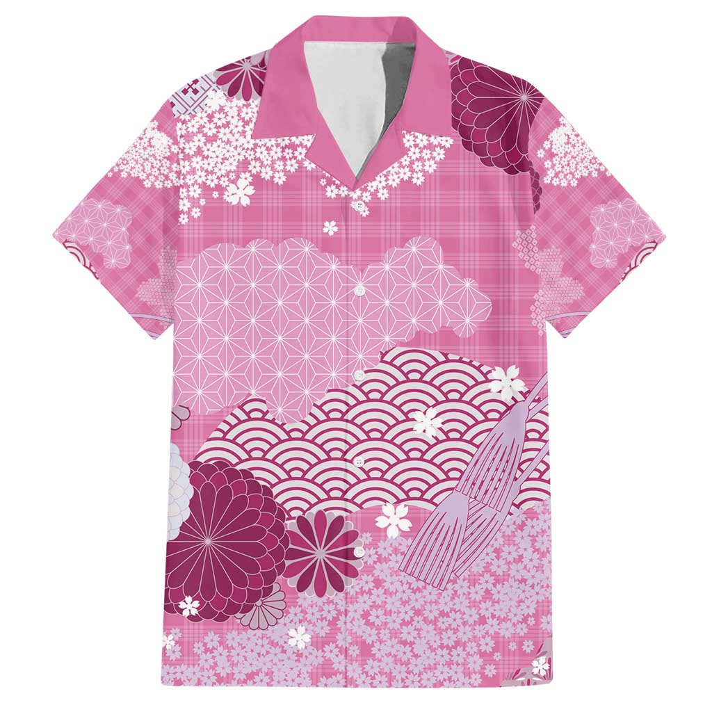 Pink Palaka Japanese Patterns Family Matching Summer Maxi Dress and Hawaiian Shirt Asanoha Seigaiha Sakura Motif LT14 Dad's Shirt - Short Sleeve Pink - Polynesian Pride