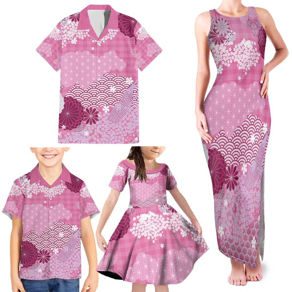 Pink Palaka Japanese Patterns Family Matching Tank Maxi Dress and Hawaiian Shirt Asanoha Seigaiha Sakura Motif LT14 - Polynesian Pride