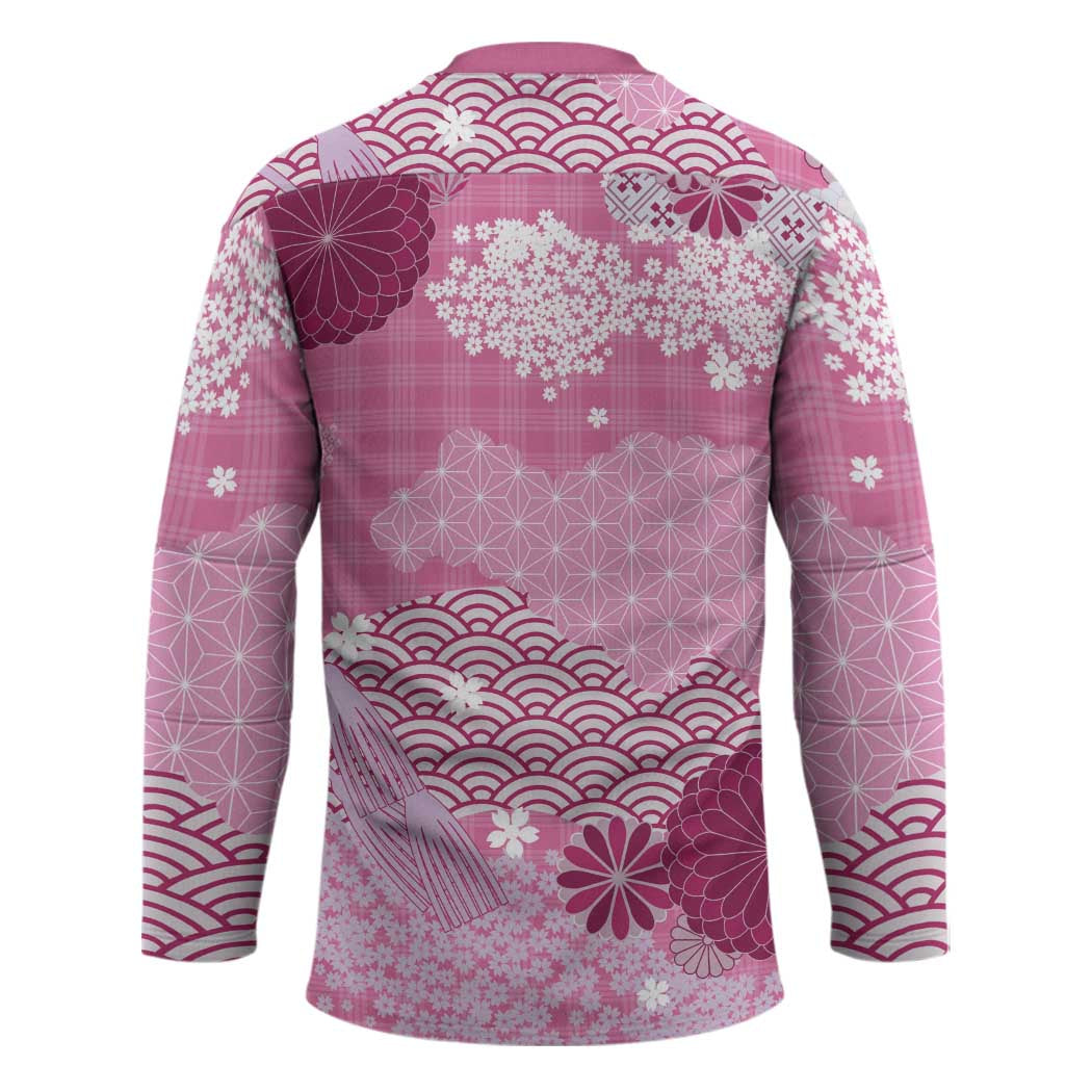 Pink Palaka Japanese Patterns Hockey Jersey Asanoha Seigaiha Sakura Motif - Polynesian Pride