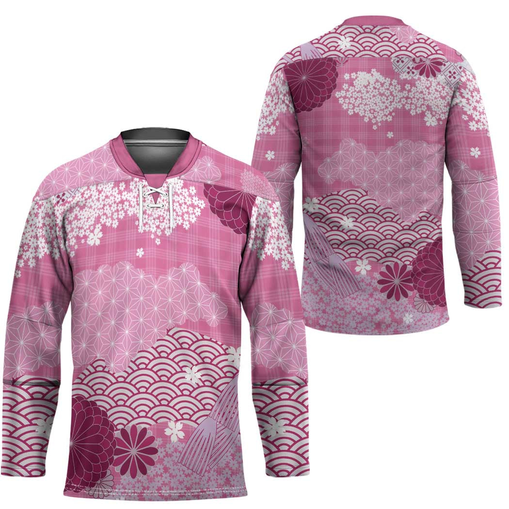Pink Palaka Japanese Patterns Hockey Jersey Asanoha Seigaiha Sakura Motif - Polynesian Pride