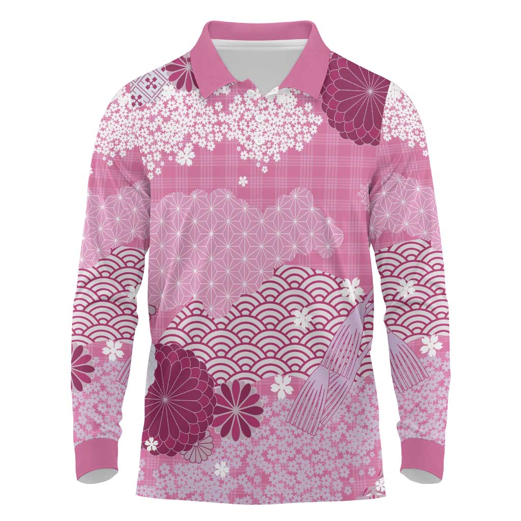 Pink Palaka Japanese Patterns Long Sleeve Polo Shirt Asanoha Seigaiha Sakura Motif LT14 Pink - Polynesian Pride
