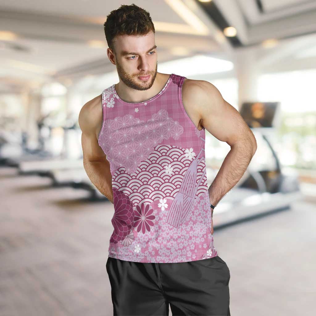 Pink Palaka Japanese Patterns Men Tank Top Asanoha Seigaiha Sakura Motif - Polynesian Pride