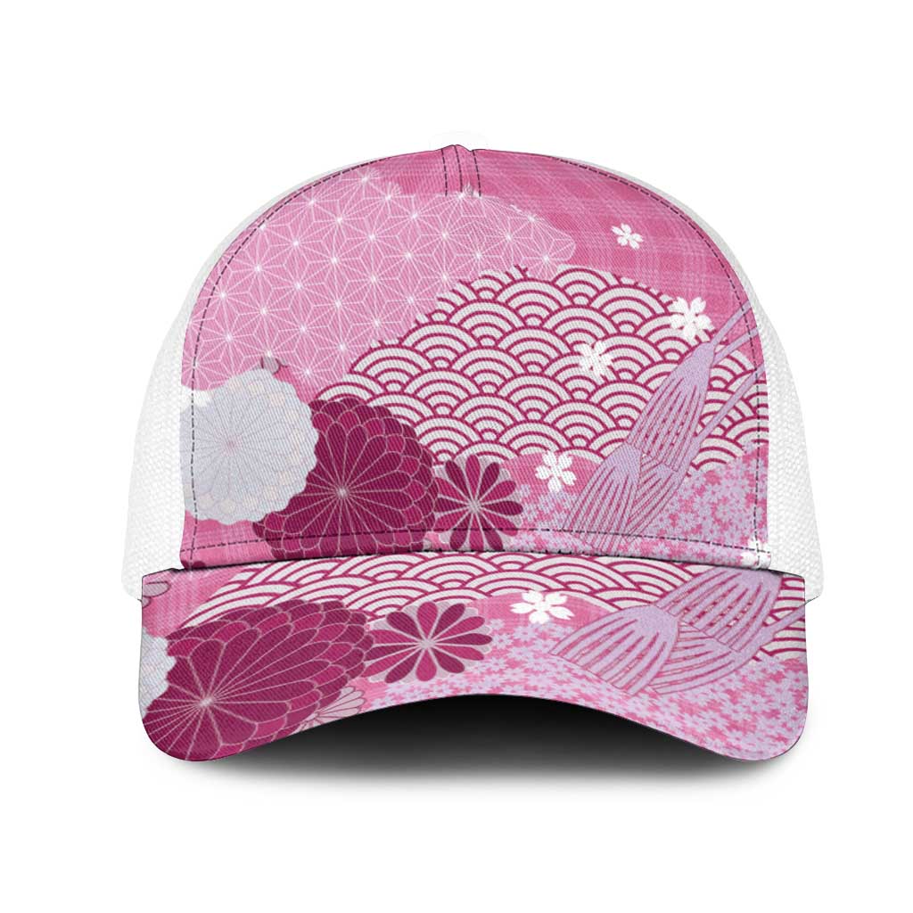 Pink Japanese Traditional Motifs Mesh Trucker Cap Palaka With Asanoha Seigaiha Sakura - Polynesian Pride