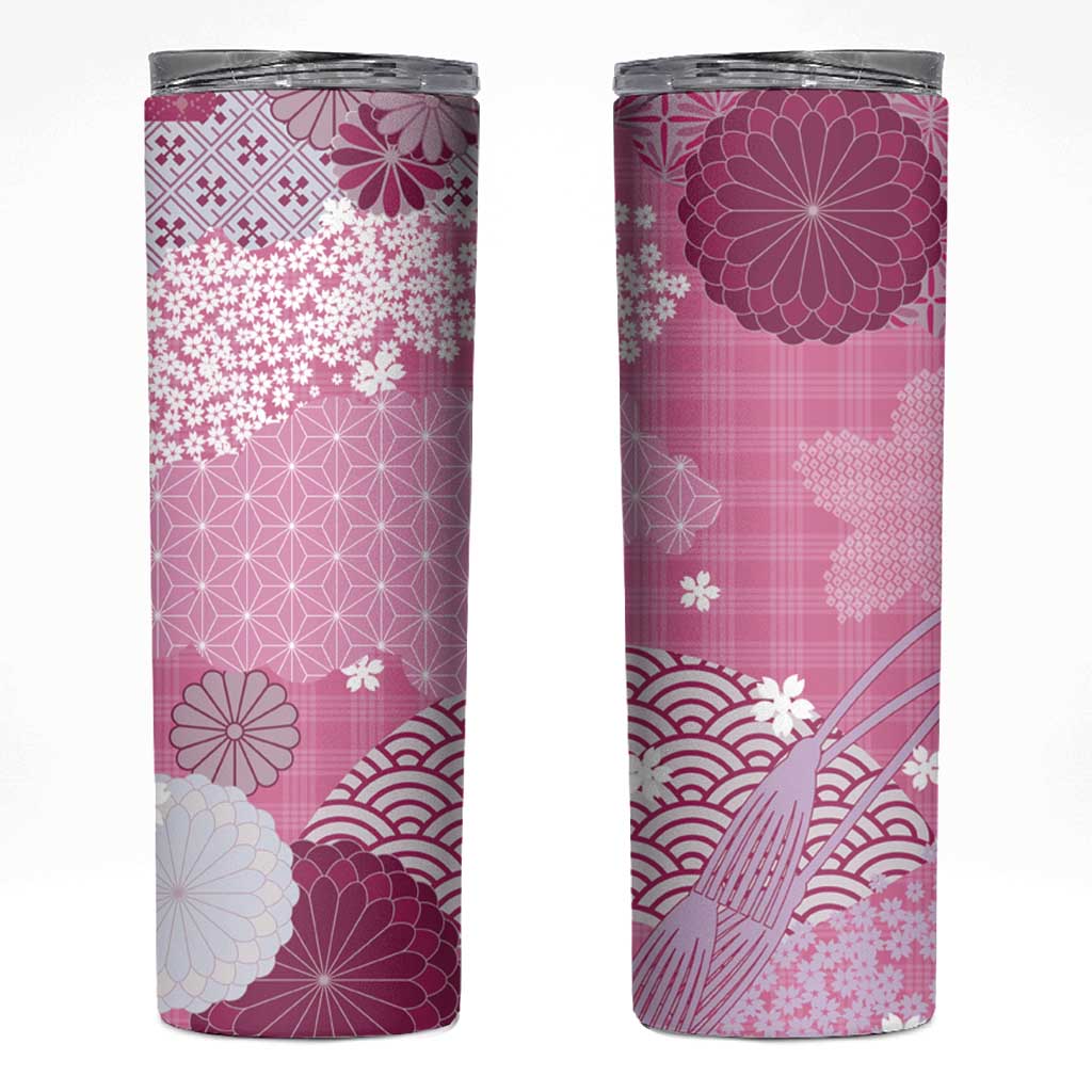 Pink Palaka Japanese Patterns Skinny Tumbler Asanoha Seigaiha Sakura Motif LT14 Pink - Polynesian Pride