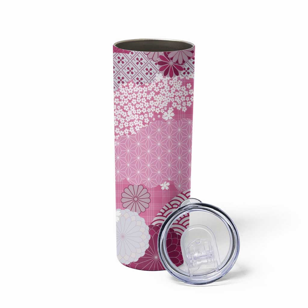 Pink Palaka Japanese Patterns Skinny Tumbler Asanoha Seigaiha Sakura Motif LT14 - Polynesian Pride