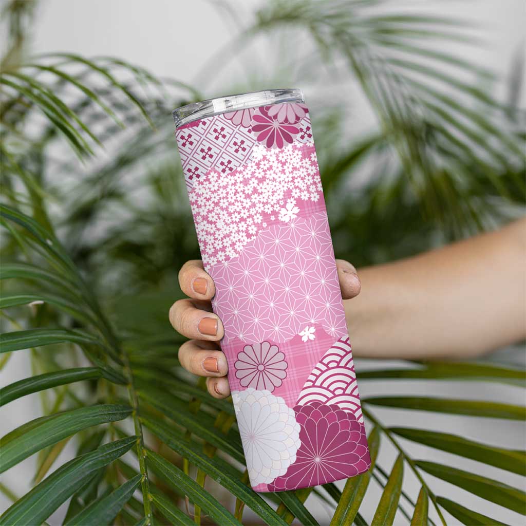 Pink Palaka Japanese Patterns Skinny Tumbler Asanoha Seigaiha Sakura Motif LT14 - Polynesian Pride
