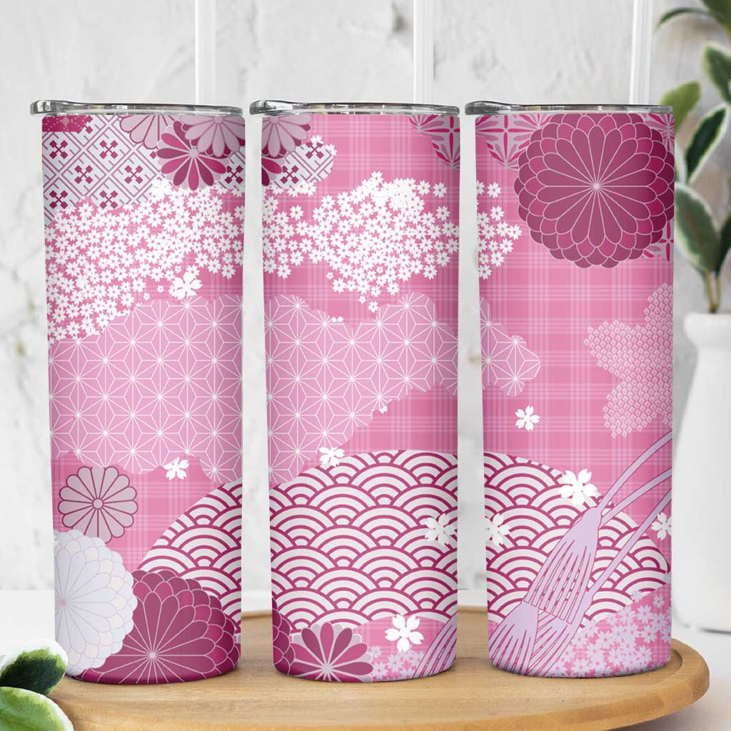 Pink Palaka Japanese Patterns Skinny Tumbler Asanoha Seigaiha Sakura Motif LT14 - Polynesian Pride