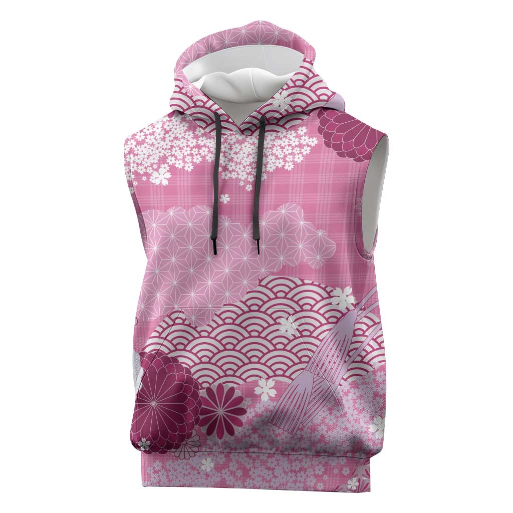 Pink Palaka Japanese Patterns Sleeveless Hoodie Asanoha Seigaiha Sakura Motif LT14 Pink - Polynesian Pride