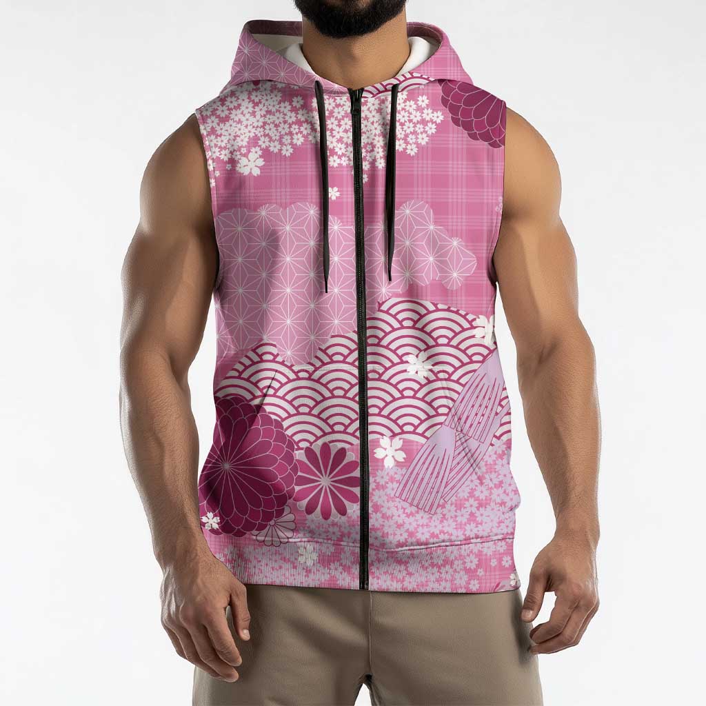Pink Palaka Japanese Patterns Sleeveless Zip Hoodie Asanoha Seigaiha Sakura Motif - Polynesian Pride