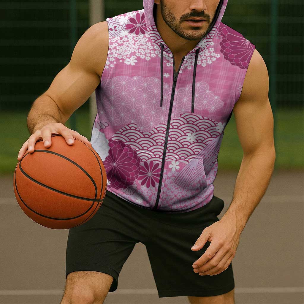 Pink Palaka Japanese Patterns Sleeveless Zip Hoodie Asanoha Seigaiha Sakura Motif - Polynesian Pride