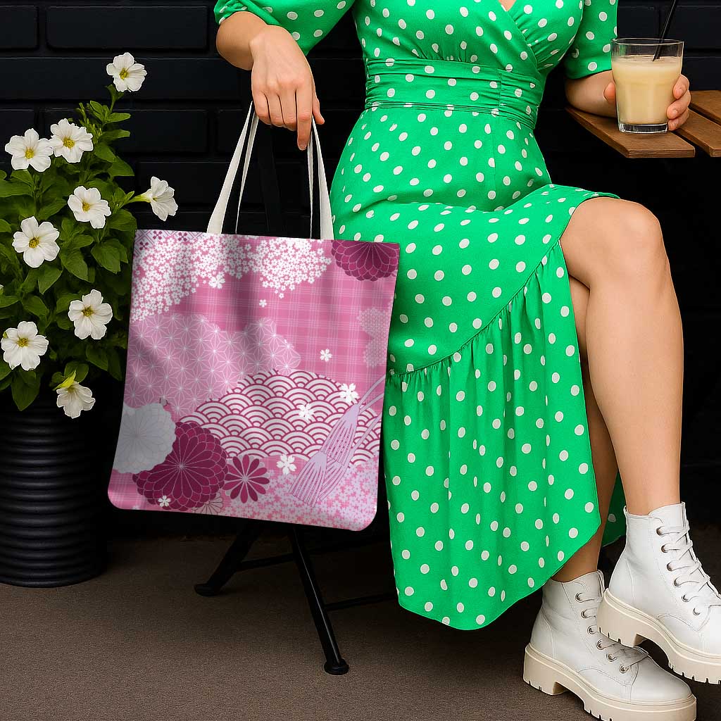 Pink Palaka Japanese Patterns Tote Bag Asanoha Seigaiha Sakura Motif - Polynesian Pride