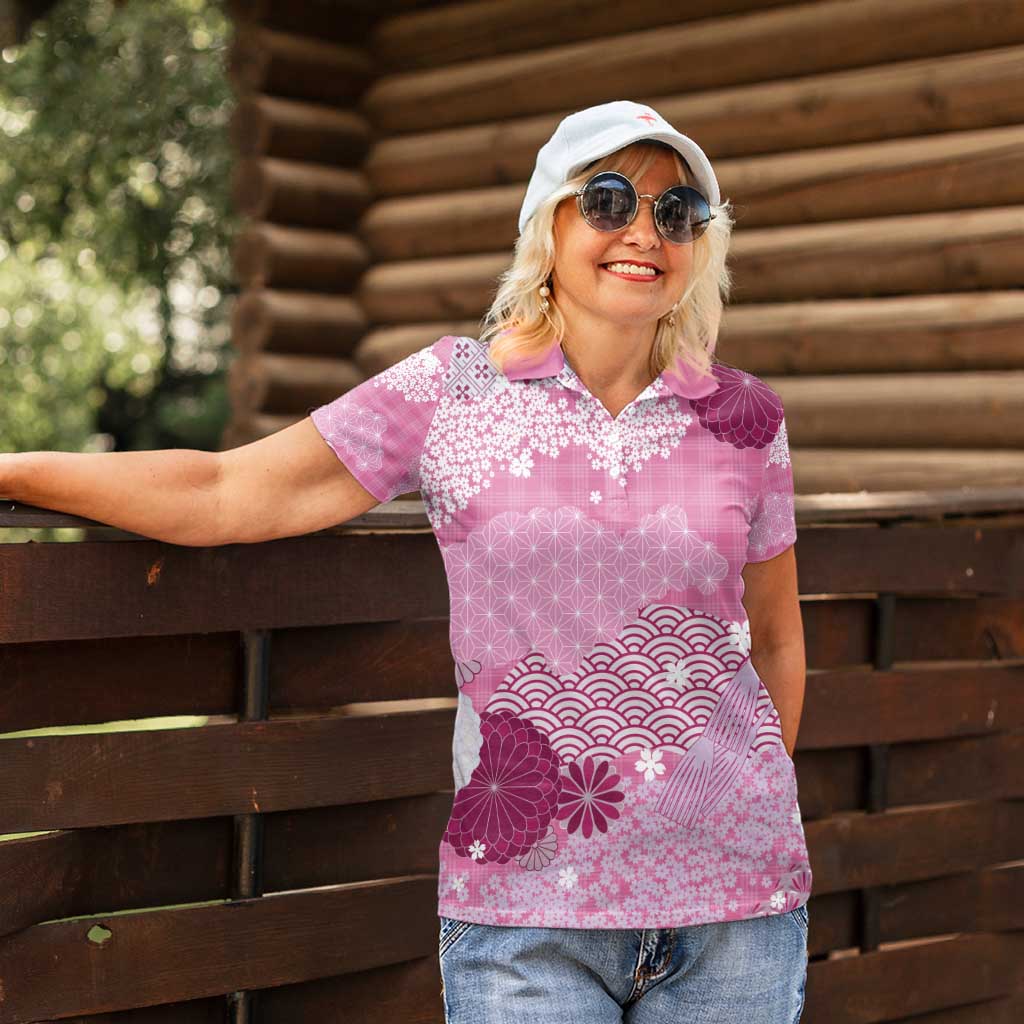 Pink Palaka Japanese Patterns Women Polo Shirt Asanoha Seigaiha Sakura Motif - Polynesian Pride
