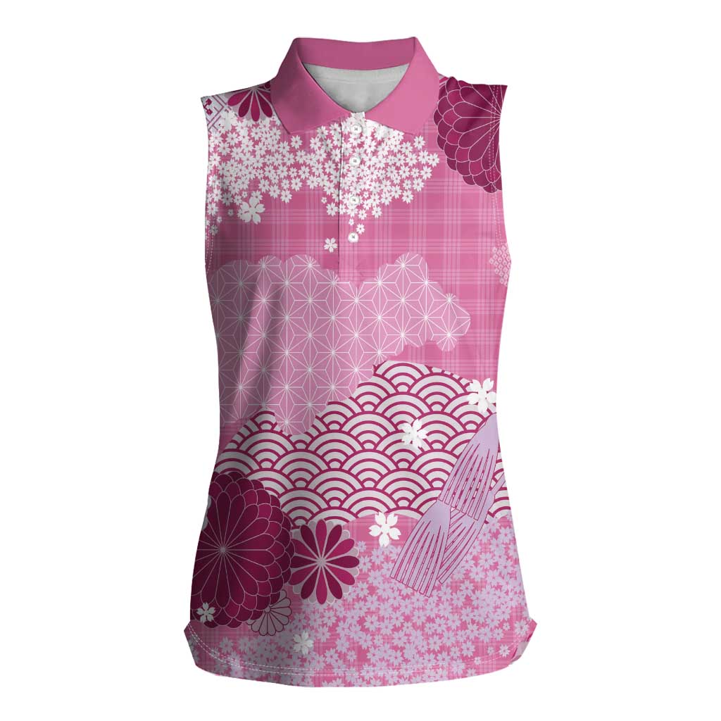 Pink Palaka Japanese Patterns Women Sleeveless Polo Shirt Asanoha Seigaiha Sakura Motif LT14 Female Pink - Polynesian Pride