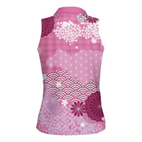 Pink Palaka Japanese Patterns Women Sleeveless Polo Shirt Asanoha Seigaiha Sakura Motif LT14 - Polynesian Pride