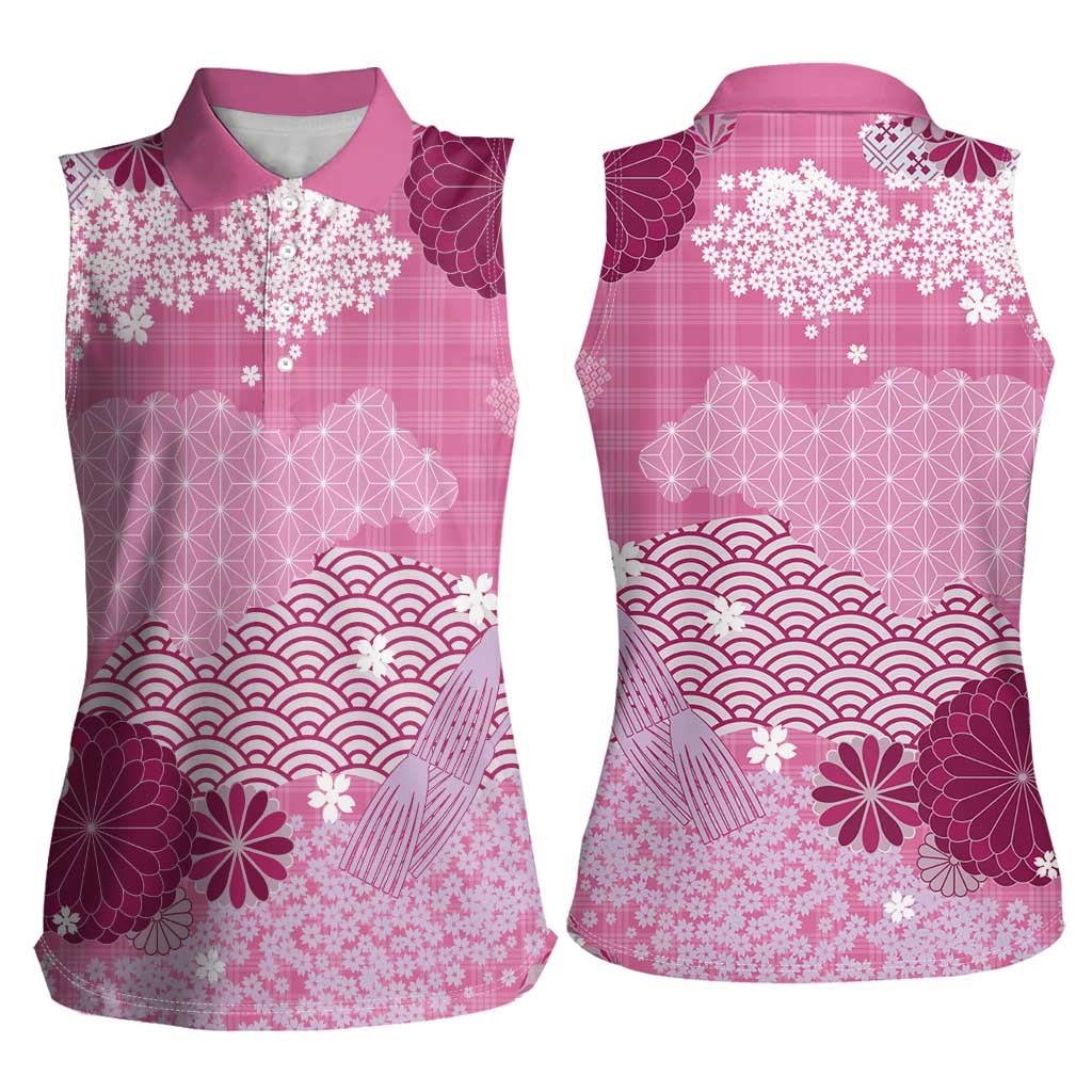 Pink Palaka Japanese Patterns Women Sleeveless Polo Shirt Asanoha Seigaiha Sakura Motif LT14 - Polynesian Pride