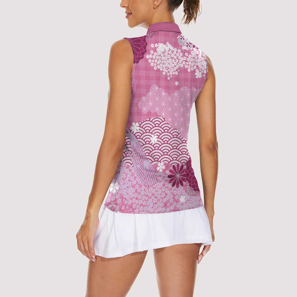 Pink Palaka Japanese Patterns Women Sleeveless Polo Shirt Asanoha Seigaiha Sakura Motif LT14 - Polynesian Pride