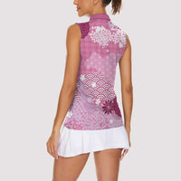 Pink Palaka Japanese Patterns Women Sleeveless Polo Shirt Asanoha Seigaiha Sakura Motif LT14 - Polynesian Pride