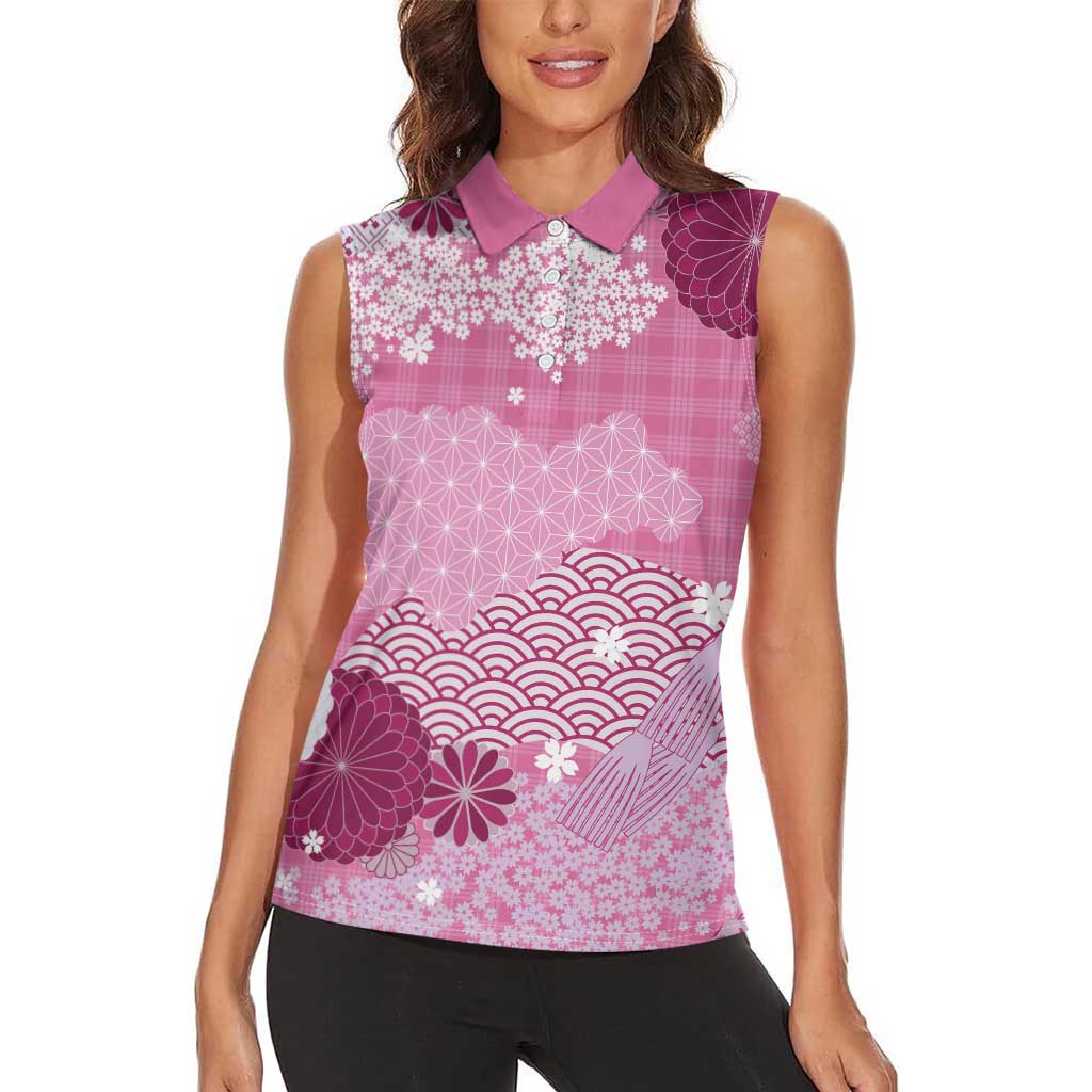 Pink Palaka Japanese Patterns Women Sleeveless Polo Shirt Asanoha Seigaiha Sakura Motif LT14 - Polynesian Pride