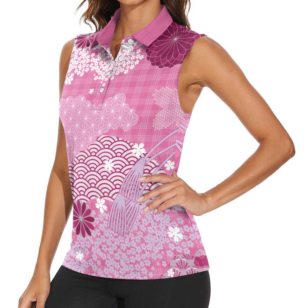 Pink Palaka Japanese Patterns Women Sleeveless Polo Shirt Asanoha Seigaiha Sakura Motif LT14 - Polynesian Pride