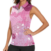 Pink Palaka Japanese Patterns Women Sleeveless Polo Shirt Asanoha Seigaiha Sakura Motif LT14 - Polynesian Pride
