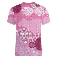 Pink Palaka Japanese Patterns Women V-Neck T-Shirt Asanoha Seigaiha Sakura Motif LT14 - Polynesian Pride