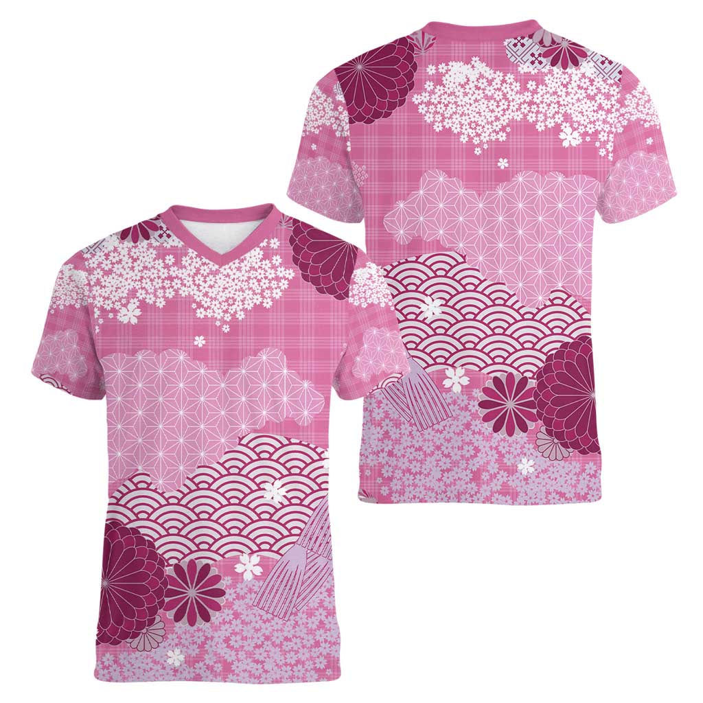 Pink Palaka Japanese Patterns Women V-Neck T-Shirt Asanoha Seigaiha Sakura Motif LT14 - Polynesian Pride