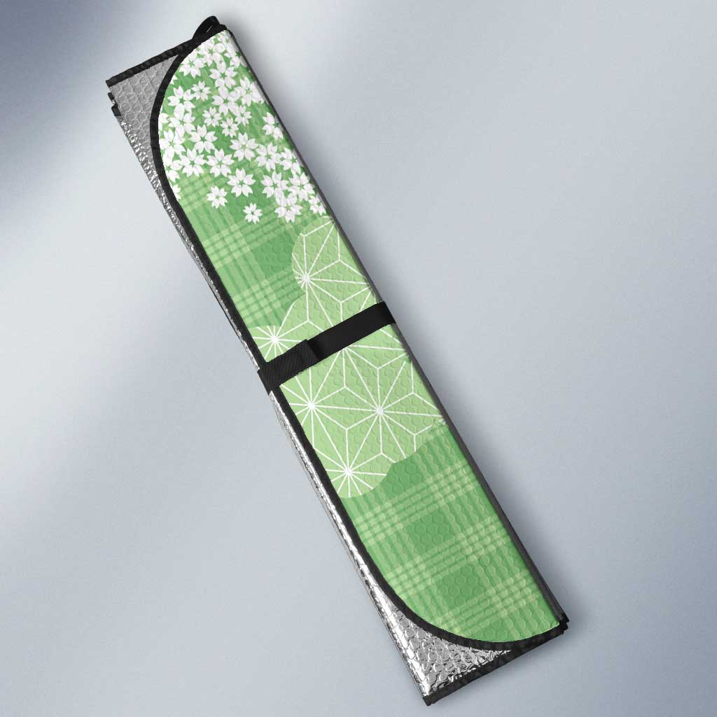 Green Palaka Japanese Patterns Auto Sun Shade Asanoha Seigaiha Sakura Motif LT14 - Polynesian Pride